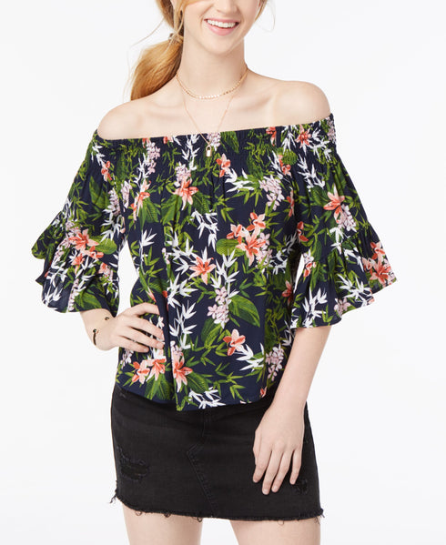 Juniors' Smocked Printed Off-The-Shoulder Top